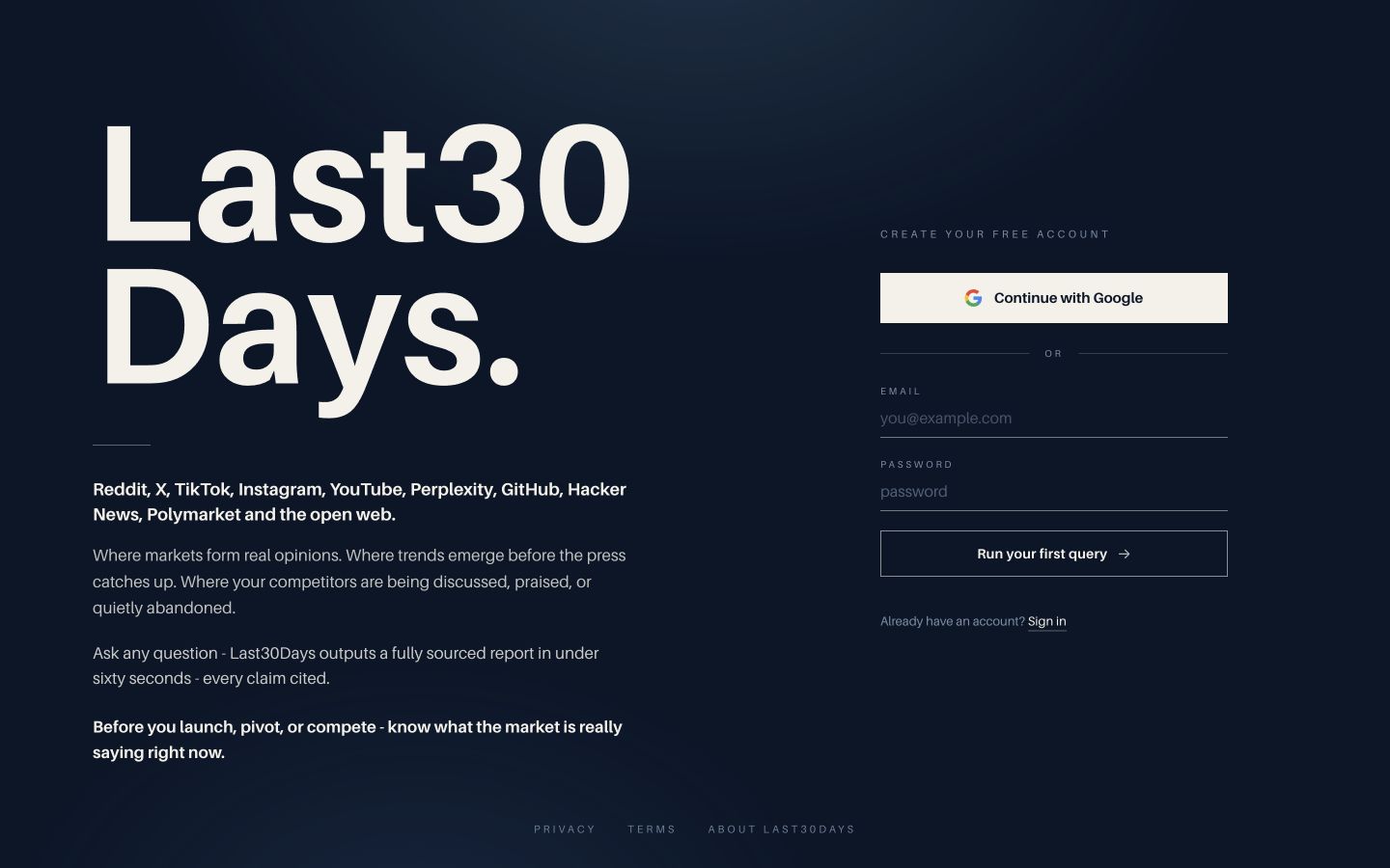 The Last30Days browser app showing its research interface and sign-up screen